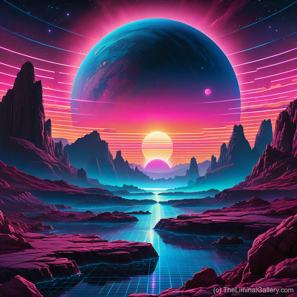 A breathtaking sci-fi synthwave odyssey featuring radiant neon horizons and a cosmic backdrop.